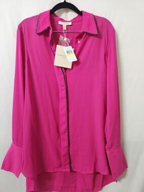 Adrienne Landau Quartz Hot Pink Embellished Trim Blouse Sz M NWT Button Front